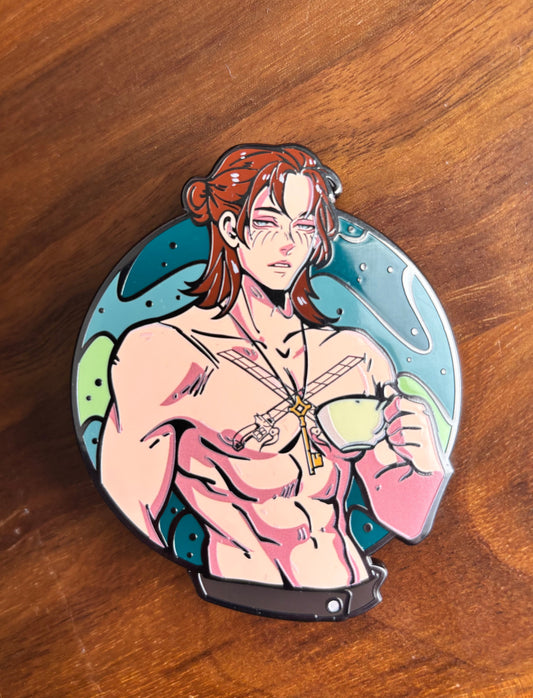 Eren tea-time enamel pin displayed alongside other Attack on Titan anime merch, perfect for collectors.