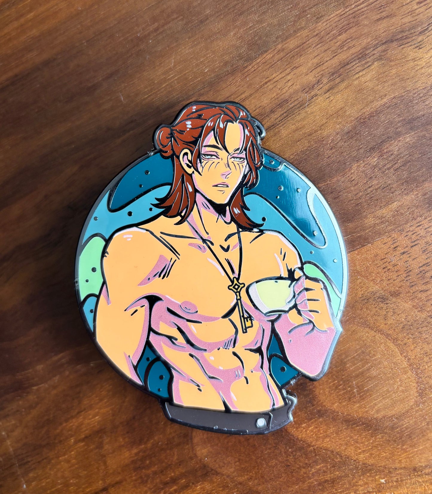 Eren Yeager enamel pin from Attack on Titan, featuring Eren sipping tea in a 3-inch hard enamel design with anime-accurate details.