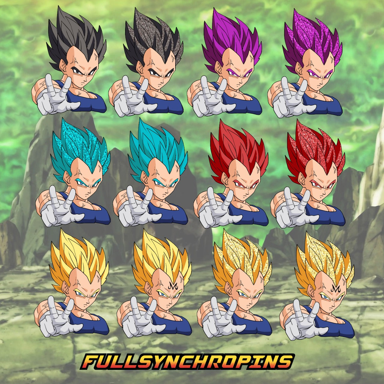 Vegeta Enamel Pin Collection | Dragon Ball Z Super Saiyan Majin to Ultra Ego Forms | 1.5 Inch Glitter Pins on Black Nickel