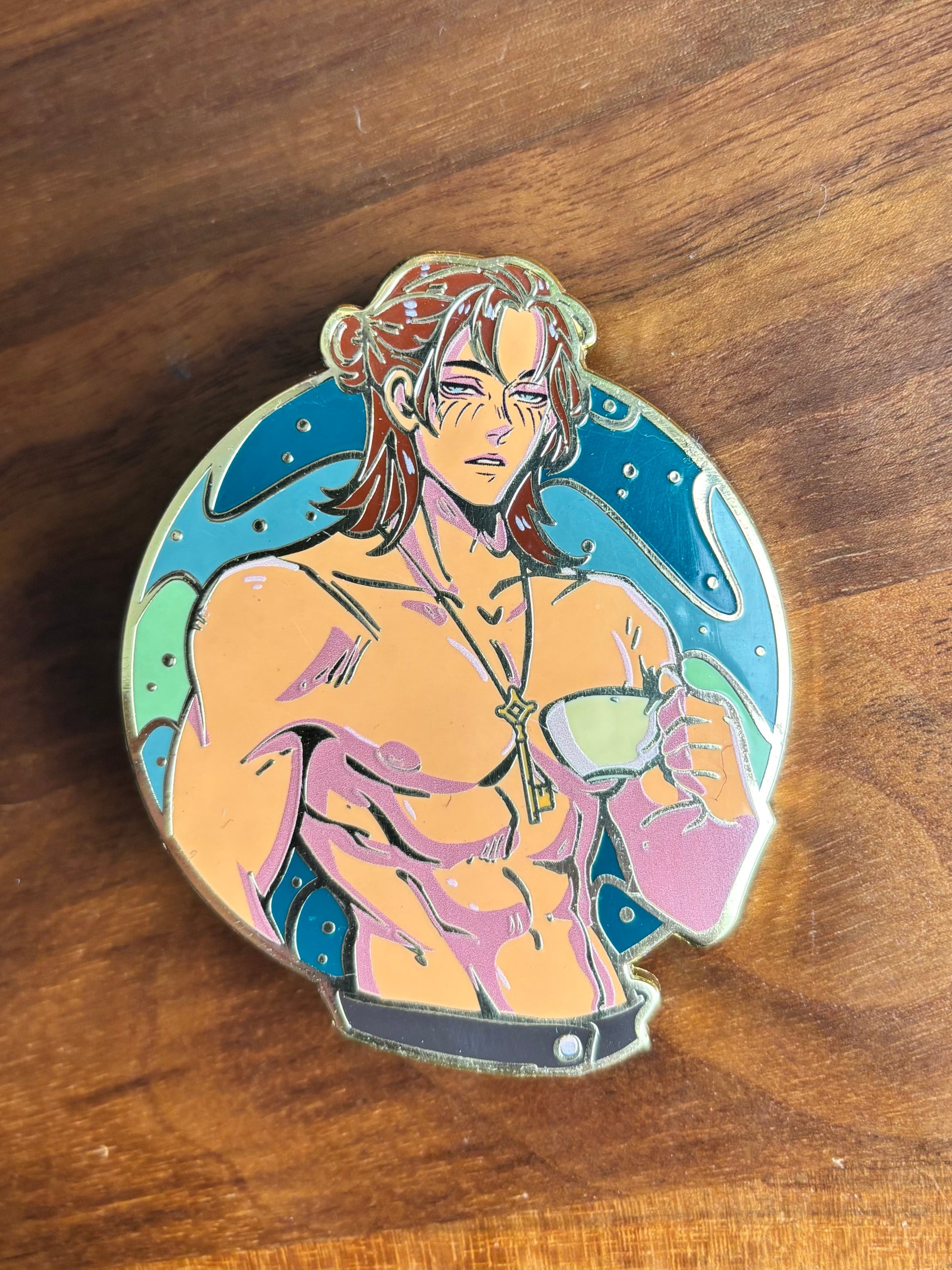 Attack on Titan anime enamel pin of Eren Yeager, part of the Tea Time series, perfect for collectors and AOT fans.