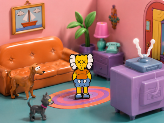 Bart Simpson KAWS inspired enamel pin with X eyes and cartoon living room display for collectors
