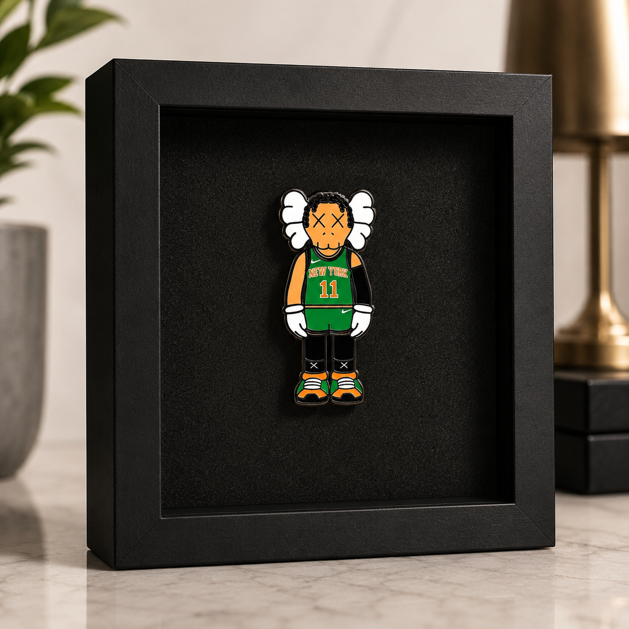 Framed artwork of a stylized character wearing a green sports jersey with a black frame.