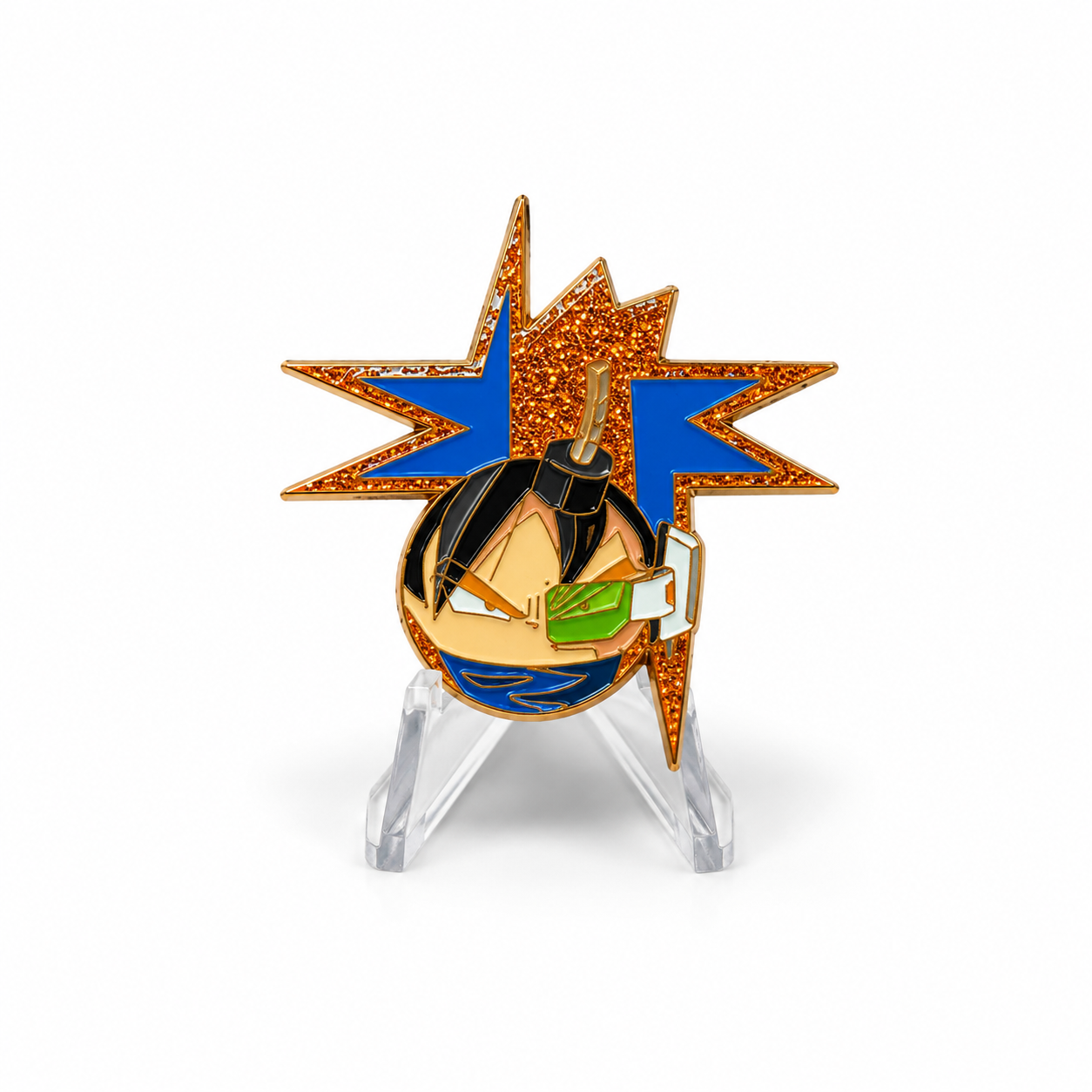 Goku Bomb Dragon Ball inspired anime enamel hat pin with orange glitter explosion and blue accents