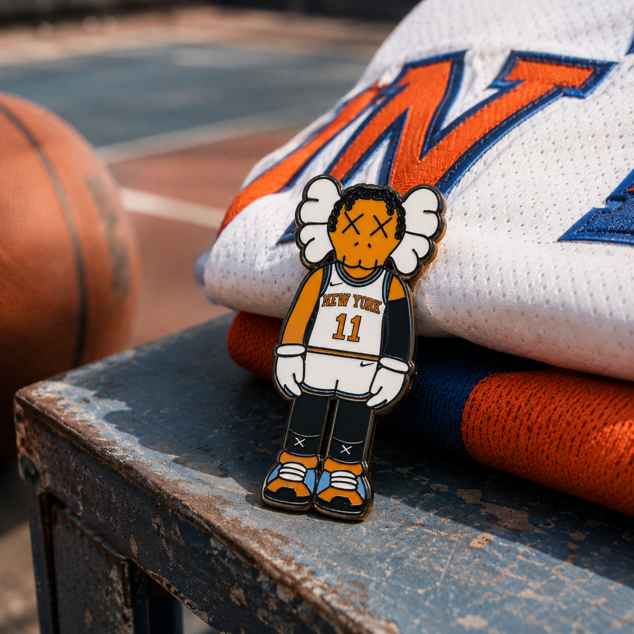 Pin with a sports character design on a basketball and jersey background