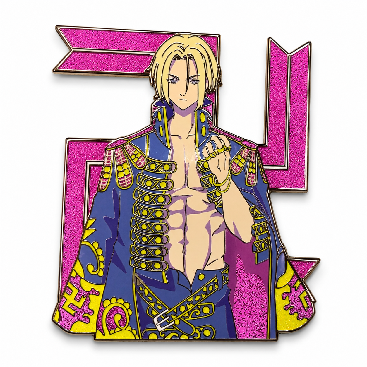 Tokyo Revengers Mikey enamel pin with gold details, screen print, and black nickel finish