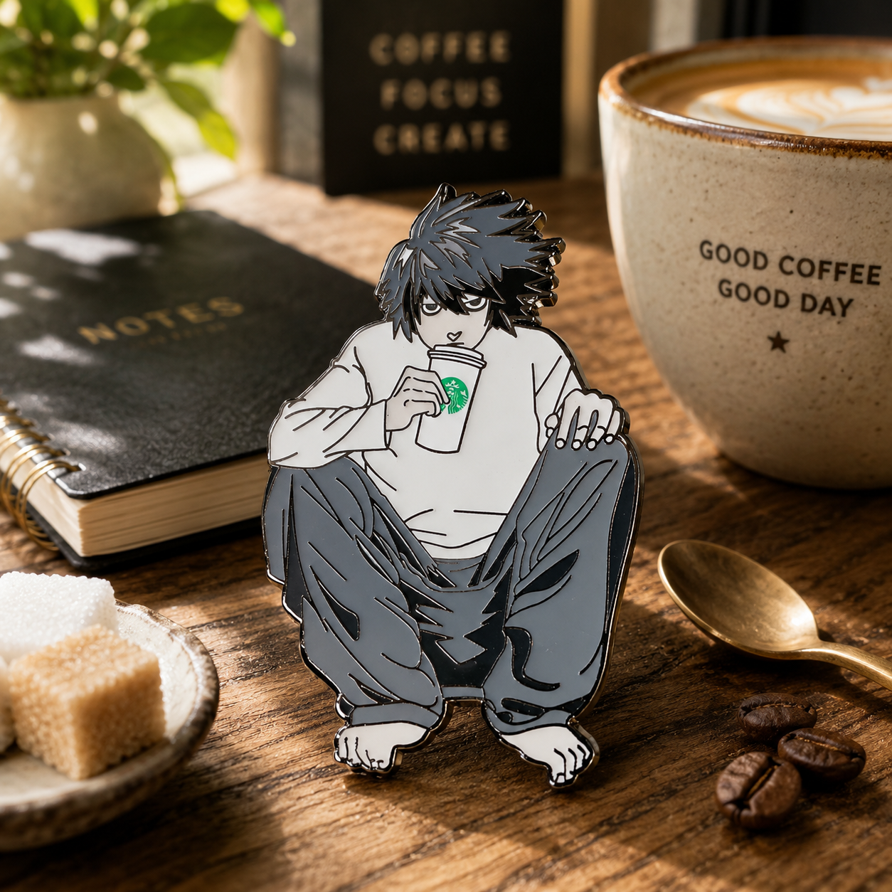 L anime enamel pin displayed with detective case file props and notebook setup