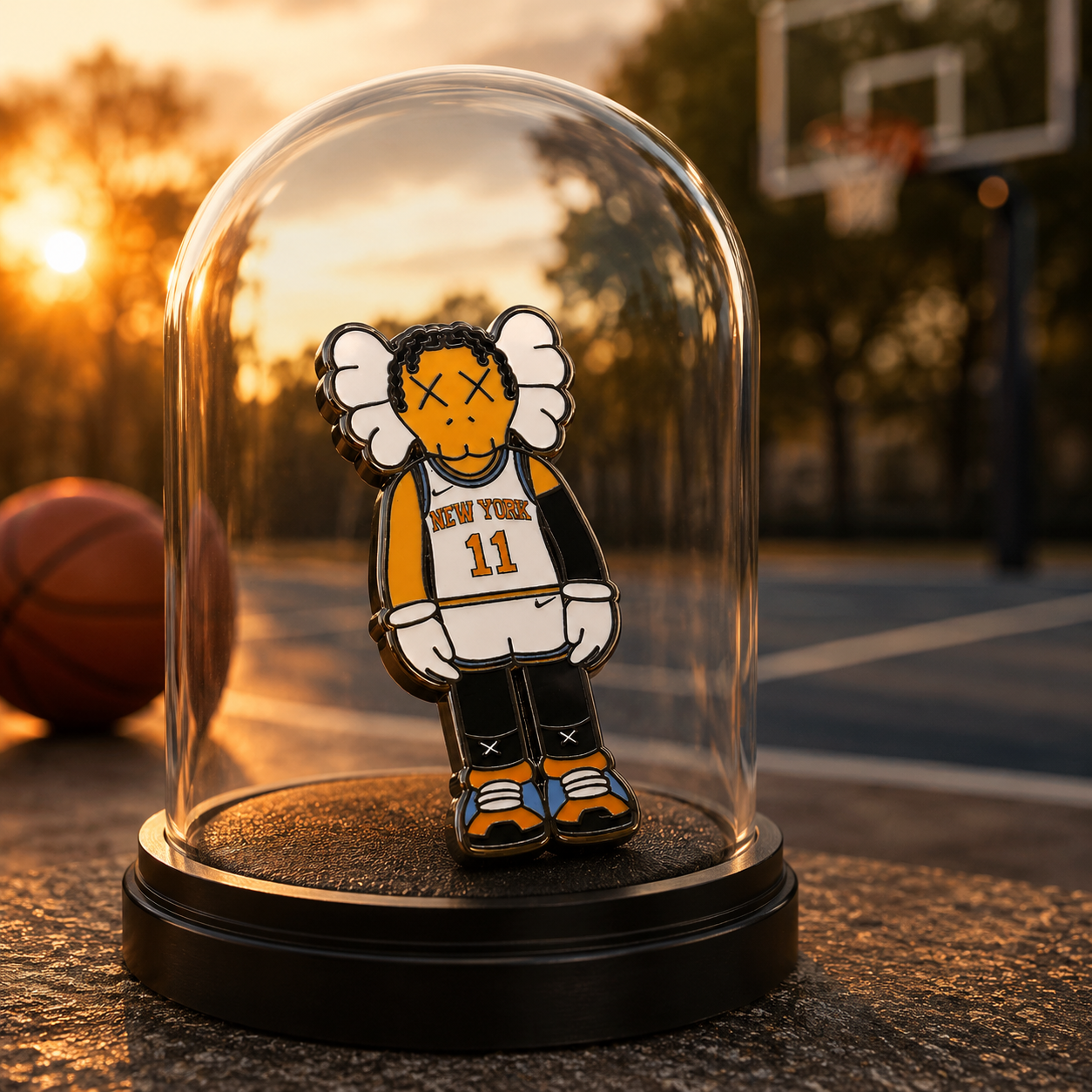 Jalen Brunson Knicks enamel pin with KAWS style X eyes and white basketball jersey