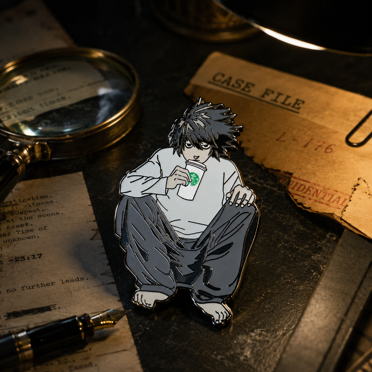 Death Note anime collector pin featuring L with coffee cup and black nickel outline