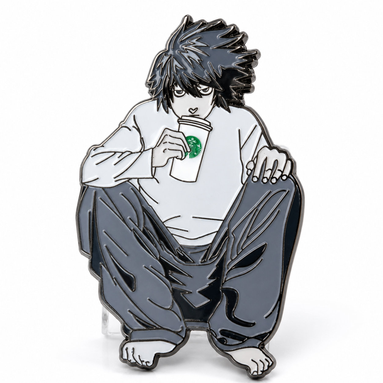 L Death Note anime enamel pin featuring L Lawliet holding coffee in crouched pose