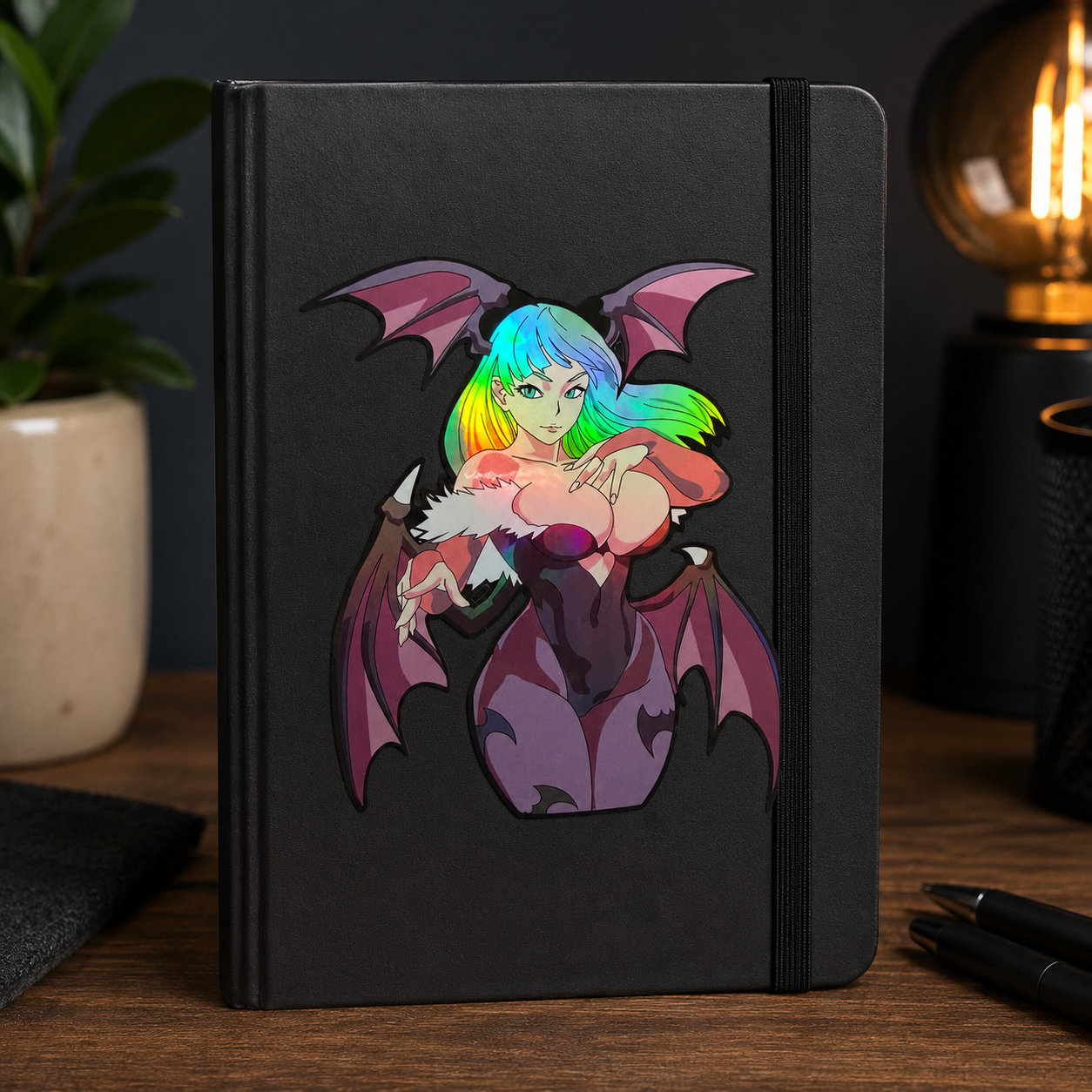 Morrigan Aensland anime sticker on laptop with colorful hair and bat wings
