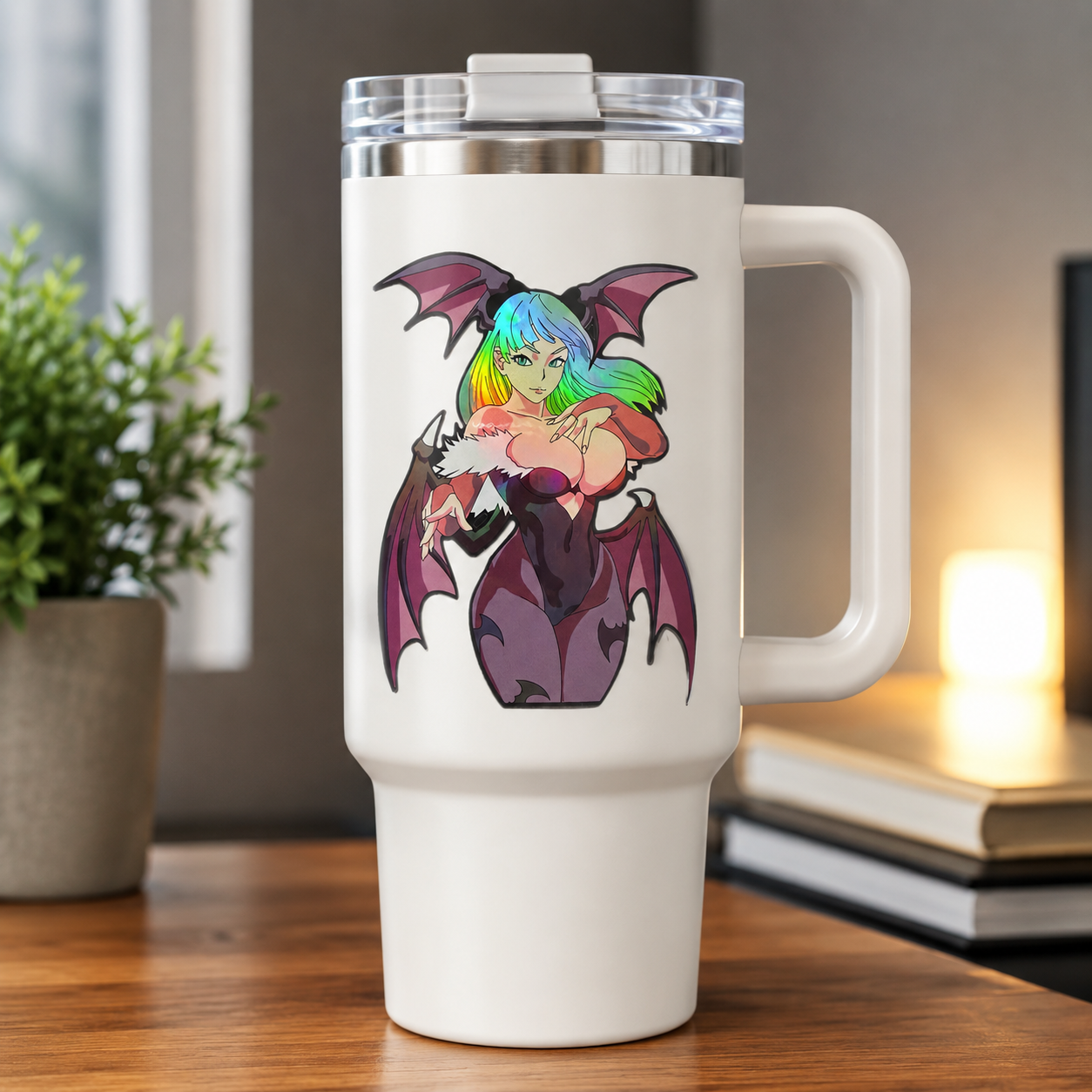 Morrigan Darkstalkers vinyl sticker on white tumbler for anime gaming collectors