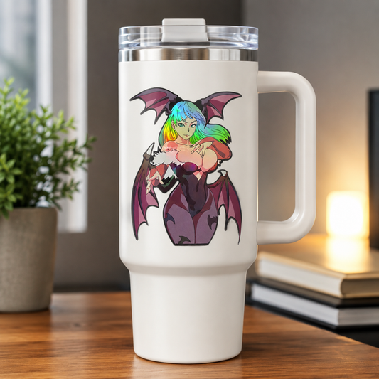 Morrigan Darkstalkers vinyl sticker on white tumbler for anime gaming collectors
