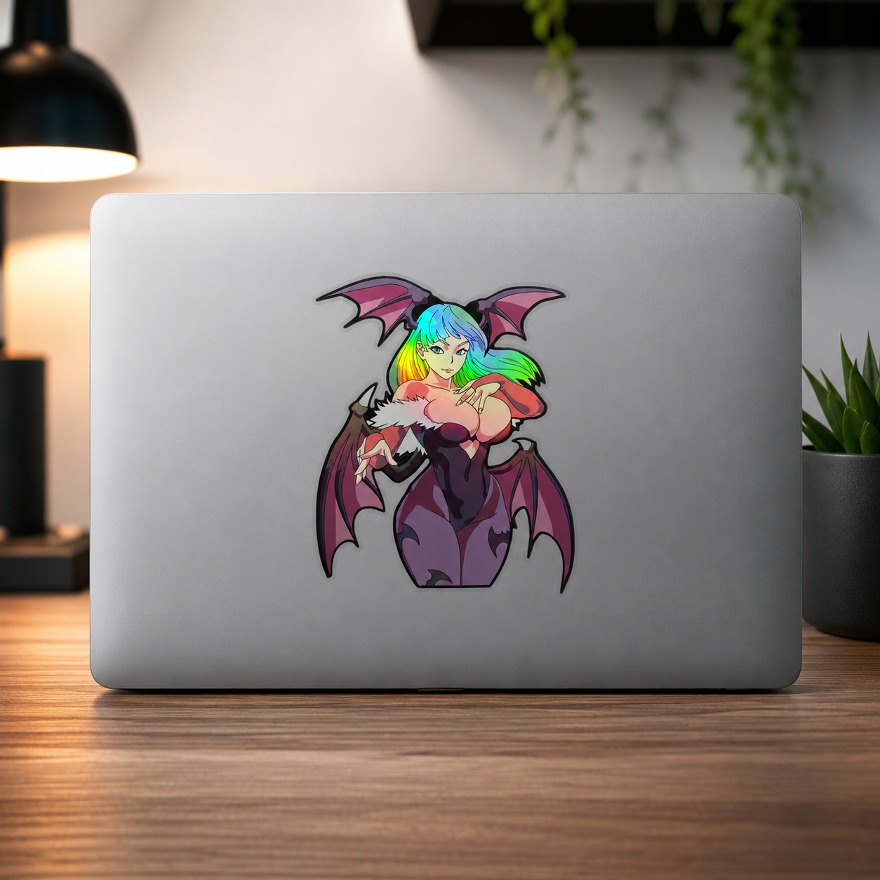 Darkstalkers Morrigan sticker on black notebook for goth anime fans